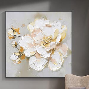 Peinture acrylique texturée 3D sur toile, cadeau personnalisé, peinture abstraite, art mural fleurs dorées, décoration de salon, peinture murale encadrée,