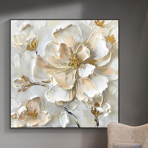 Peinture acrylique texturée 3D sur toile, cadeau personnalisé, peinture abstraite, art mural fleurs dorées, décoration de salon, peinture murale encadrée,