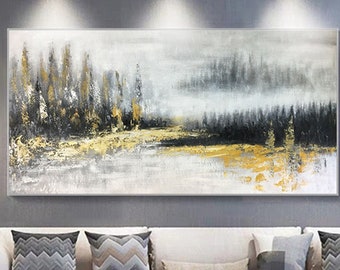 Cuadro abstracto de árboles texturizados, arte mural en lienzo acrílico dorado y gris, decoración de pared enmarcada para oficina