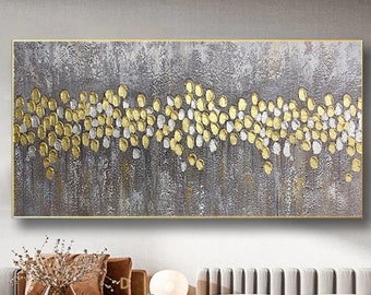 Pintura abstracta con pan de oro sobre lienzo, arte mural texturizado