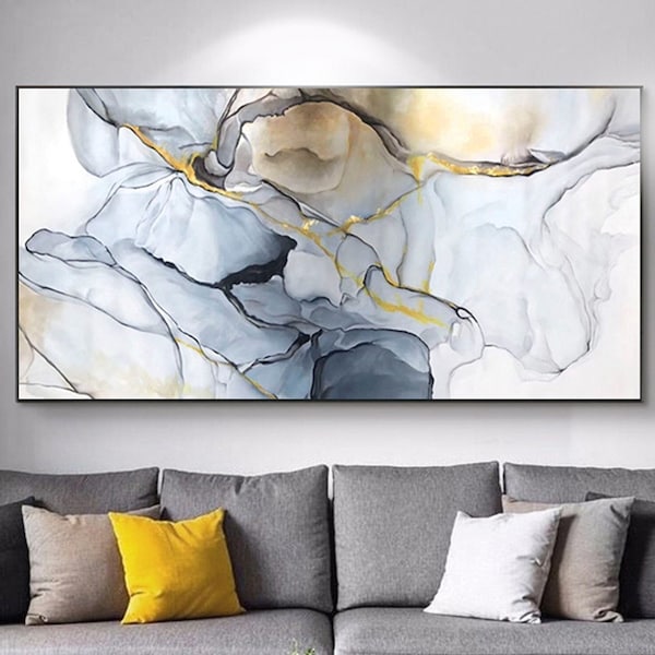 Handmade Light Blue Abstract Painting, Modern Framed Wall Art