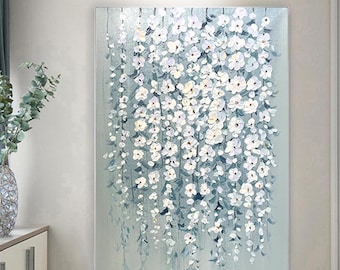 Blue 3DTextured Floral Wall Art,Neutral Abstract Flower Painting,Plaster Canvas,Minimalist Home Decor