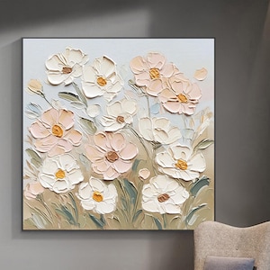 Peinture acrylique texturée 3D sur toile, cadeau personnalisé, peinture abstraite, oeuvre d'art murale fleur rose, décoration de salon, peintures murales encadrées