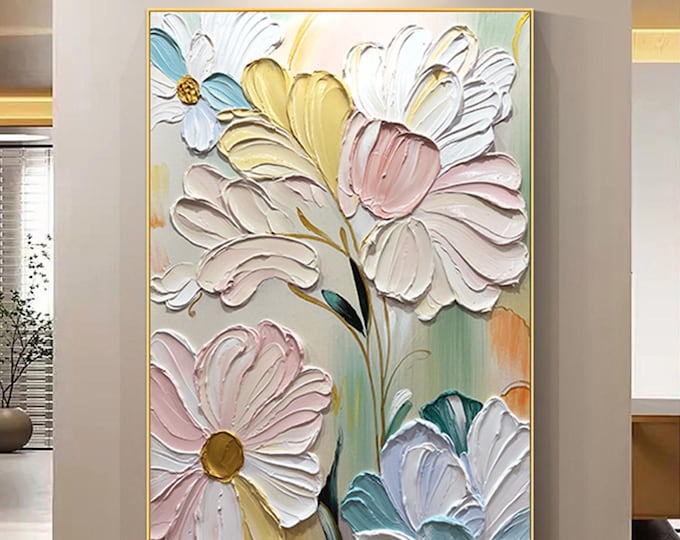 Featured listing image: Abstract Floral Oil Painting,Modern Flower Wall Art on Canvas,Botanical Living Room Artwork