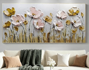 Pintura abstracta floral dorada con textura 3D sobre lienzo, arte de pared para sala de estar, decoración de pared para el hogar