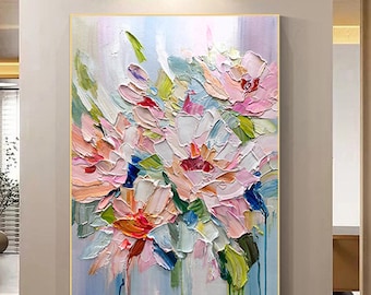 Original Textured Floral Painting,Palette Knife Living Room Wall Art,Spring Pastel Flower Decor
