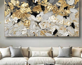 Gold Black Textured Floral Painting, Abstract Luxury living room Wall Art,custom home decor