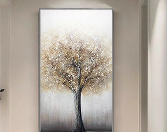 Original Gold Tree Painting on Canvas, Gray Abstract Art