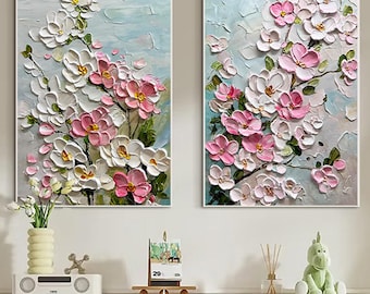 2set Textured Cherry Blossom Canvas painting,living room wall art,Pink Palette Knife Artwork