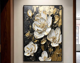 Gold Black 3dTextured Floral Painting, Abstract Luxury living room Wall Art,custom home decor