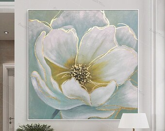 Abstract white flower painting gold leaf canvas wall art  for living room wall decor home decor framed handmade light green acrylic artwork