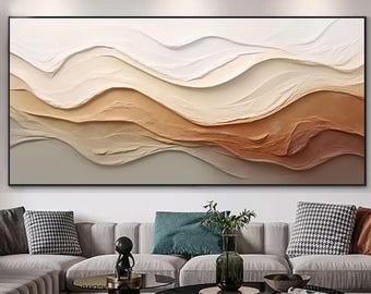 Textured Abstract Painting  Large Earth Tone Wave, 3D Ocean Wall Art living room