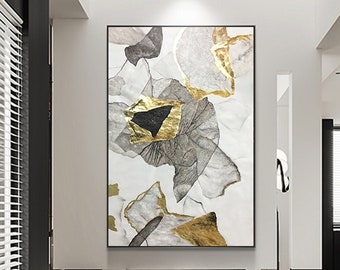 Gold leaf Abstract painting on canvas gold foil wall art framed for living room wall decor hallway bedroom home handmade gray acrylic art