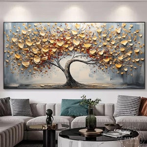 Peinture acrylique texturée 3D sur toile, peinture abstraite, art mural encadré, peinture d'arbre en or pour cadeaux, décoration murale de style wabi-sabi