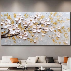 Original or blanc floraison 3D peinture sur toile abstrait texturé fleur mur art salon naturel paysage fantaisie art cadeau personnalisé