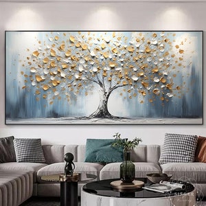 Peinture acrylique texturée 3D sur toile, peinture abstraite, art mural encadré, peinture d'arbre en or pour cadeaux, décoration murale de style wabi-sabi