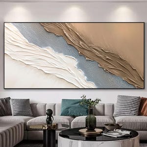 Grande oeuvre d'art murale océanique texturée 3D, style plage en plâtre, peinture sur toile, décor vague ton terre, oeuvre d'art murale unique pour le salon wabi-sabi