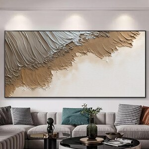 Grande oeuvre d'art murale océanique texturée 3D, style plage en plâtre, peinture sur toile, décor vague ton terre, oeuvre d'art murale unique pour le salon wabi-sabi