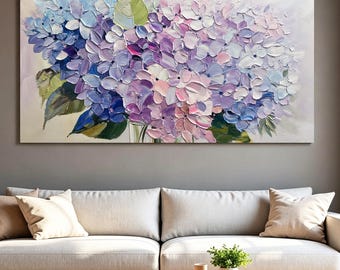 Dipinto astratto di ortensie su tela, decorazione murale per soggiorno, decorazione floreale in acrilico con texture 3D