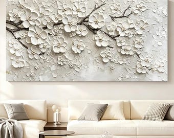 Soft Pastel Calming Flower Painting,Creamy Pastel Abstract Floral,Textured Oil Canvas for Bedroom