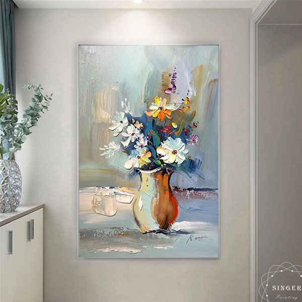 Original abstrakt Blumen Gemälde auf Leinwand für Wohnzimmer Wand Dekor Schlafzimmer blaue Blume abstrakte Kunst gerahmt