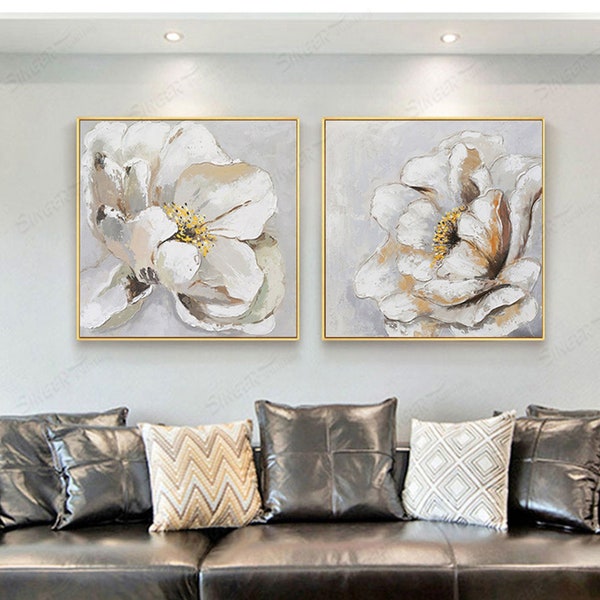 2 Panels Abstrakte 3D-Blumen Gemälde auf Leinwand mit Rahmen Kunst für Wohnzimmer oder im Wabi-Sabi Stil Mode Dekor