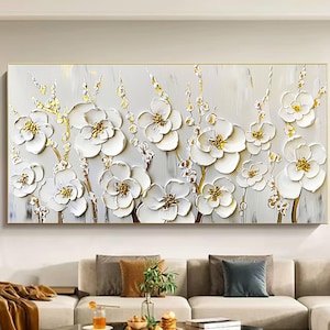 Peinture originale de fleurs blanches et dorées sur toile, art mural abstrait arbre en fleurs texturé 3D, décoration murale de salon, peinture de paysage naturel