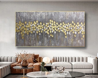 Gold silver art abstract painting on canvas wall art framed for living room bedroom wall decor Original acrylic texture gold leaf home decor