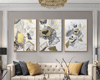 3 pieces gold leaf abstract painting on canvas framed wall art for living room bedroom wall decor home handmade acrylic gray texture artwork