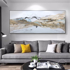 Gold lines framed abstract painting on canvas acrylic wall painting for living room Wabi-Sabi style Wall Art mountains art Fashion Decor