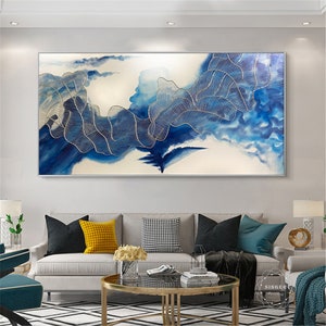 Silver line abstract painting on canvas wall art framed for living room home Original wall decor blue modern Acrylic artwork Clouds winding