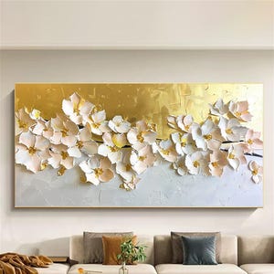 Peinture originale de fleurs blanches et dorées sur toile, art mural abstrait arbre en fleurs texturé 3D, décoration murale de salon, peinture de paysage naturel