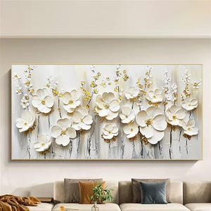 Peinture originale de fleurs blanches et dorées sur toile, art mural abstrait arbre en fleurs texturé 3D, décoration murale de salon, peinture de paysage naturel