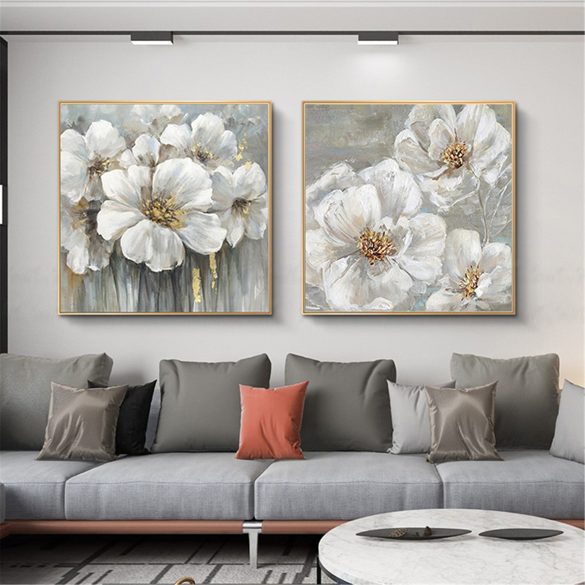 Framed Abstract gold leaf flowers painting canvas wall art for Etsy