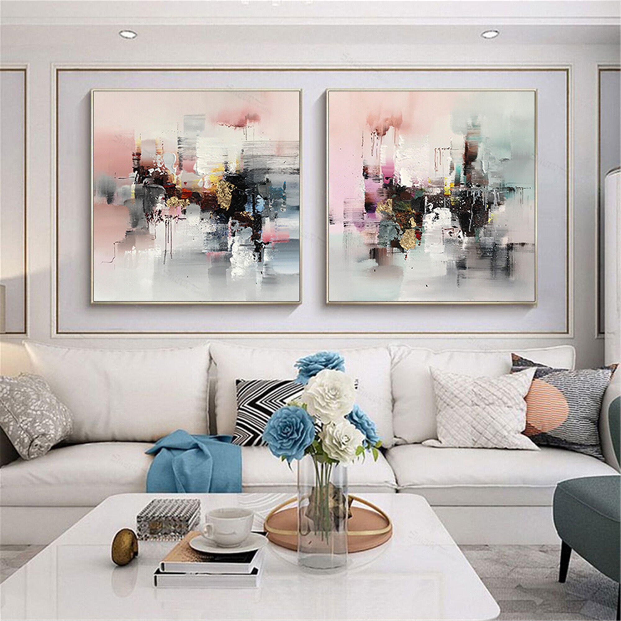 2 pieces abstract painting canvas wall art pictures for living | Etsy