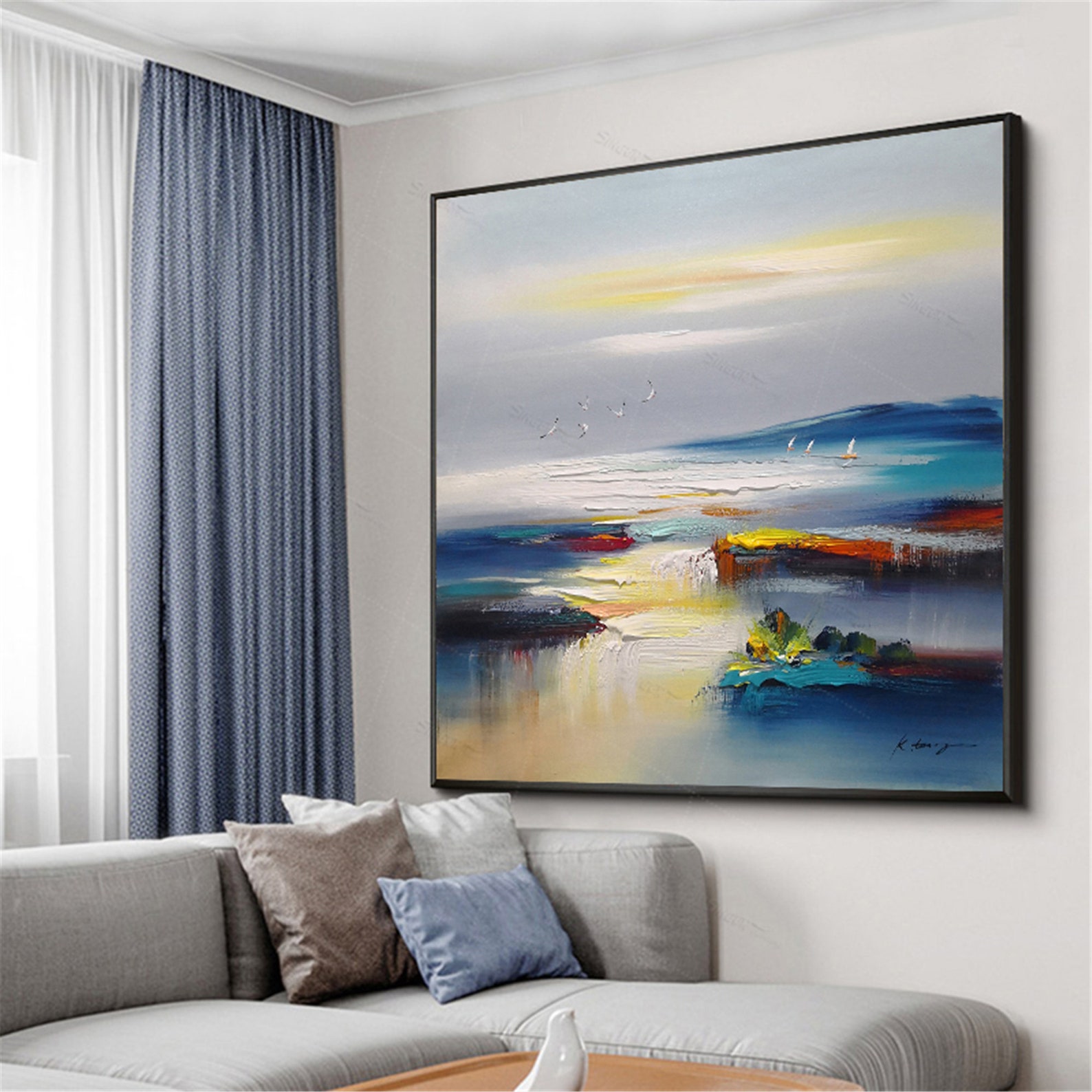 Navy Blue Abstract Painting Framed Canvas Wall Art Pictures Etsy UK