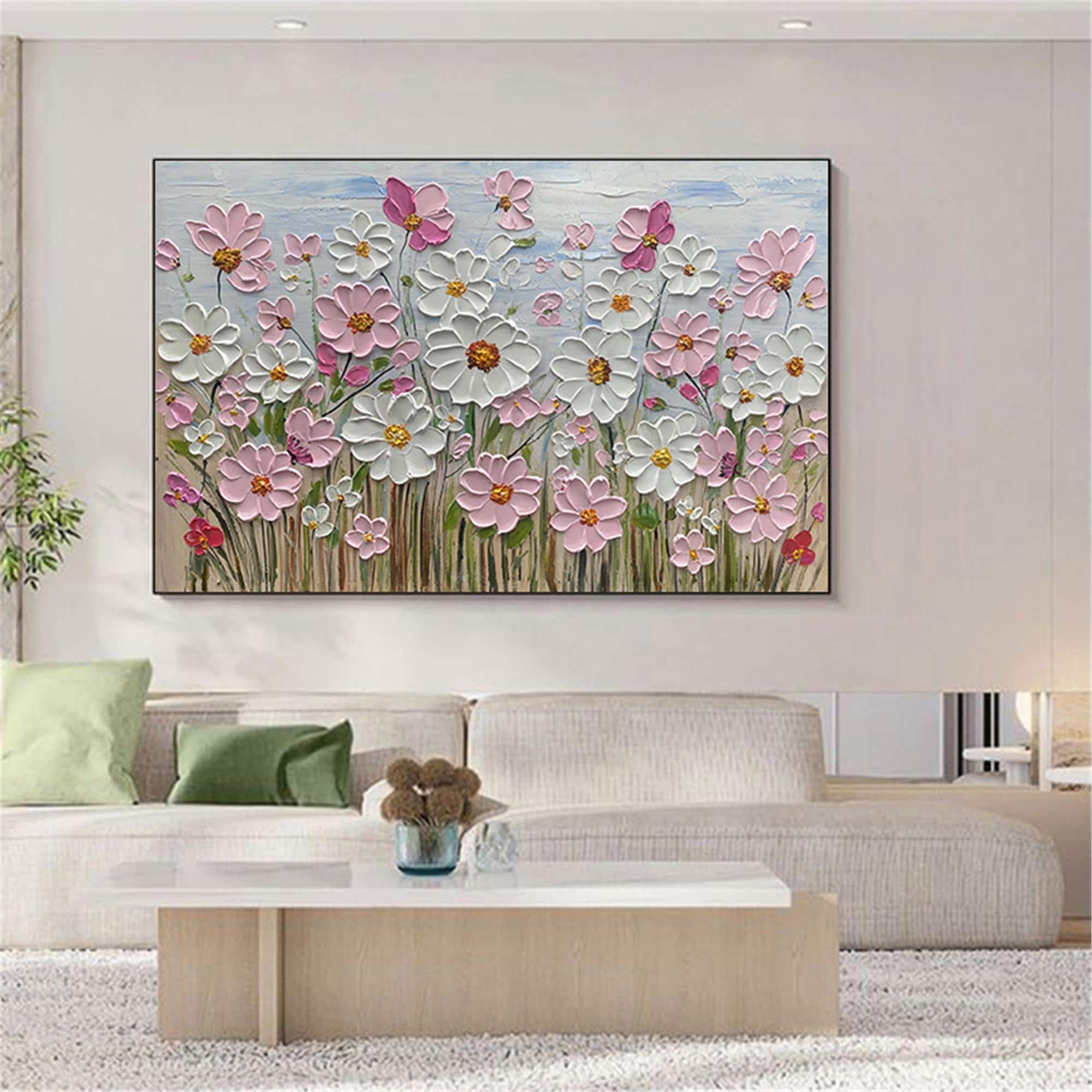 Large Textured Floral 3D Wall Art Palette Knife Flower oil Painting on Canvas personalized gift pink Modern Fancy Art Living Room wall decor