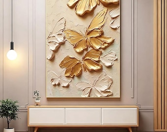 3DGold textured Butterfly Wall Art,Abstract Neutral Canvas Painting,Large Living Room Artwork