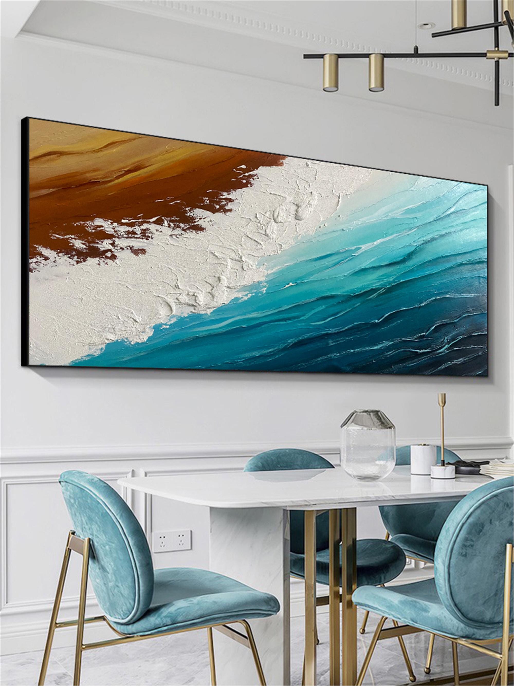 3DTextured Ocean Wall Art abstract painting on canvas Large Beach Painting Earth Tone Wave wall Decor Wabi-sabi Living Room wall painting