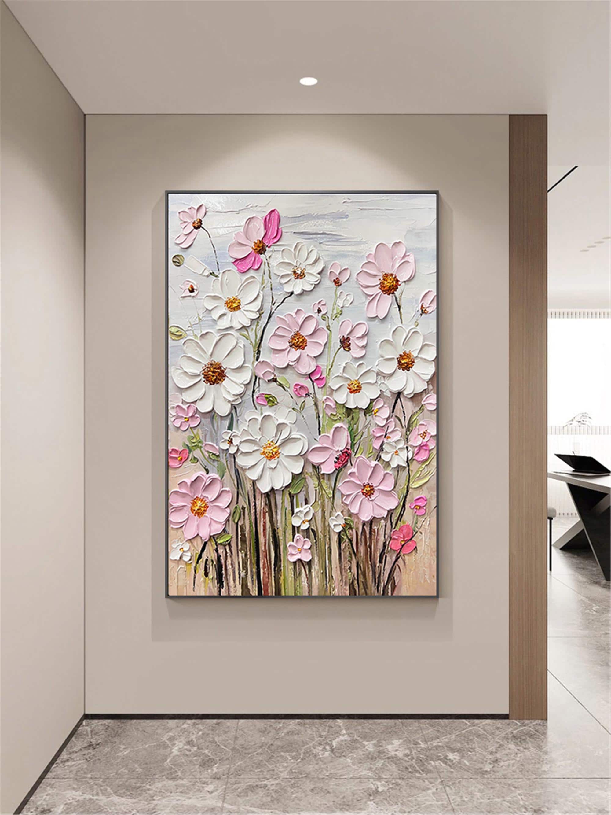 Original Flower Painting on Canvas 3DTextured Floral Wall Art,pink customd painting for Living Room home decor personalized gifts Fancy Art