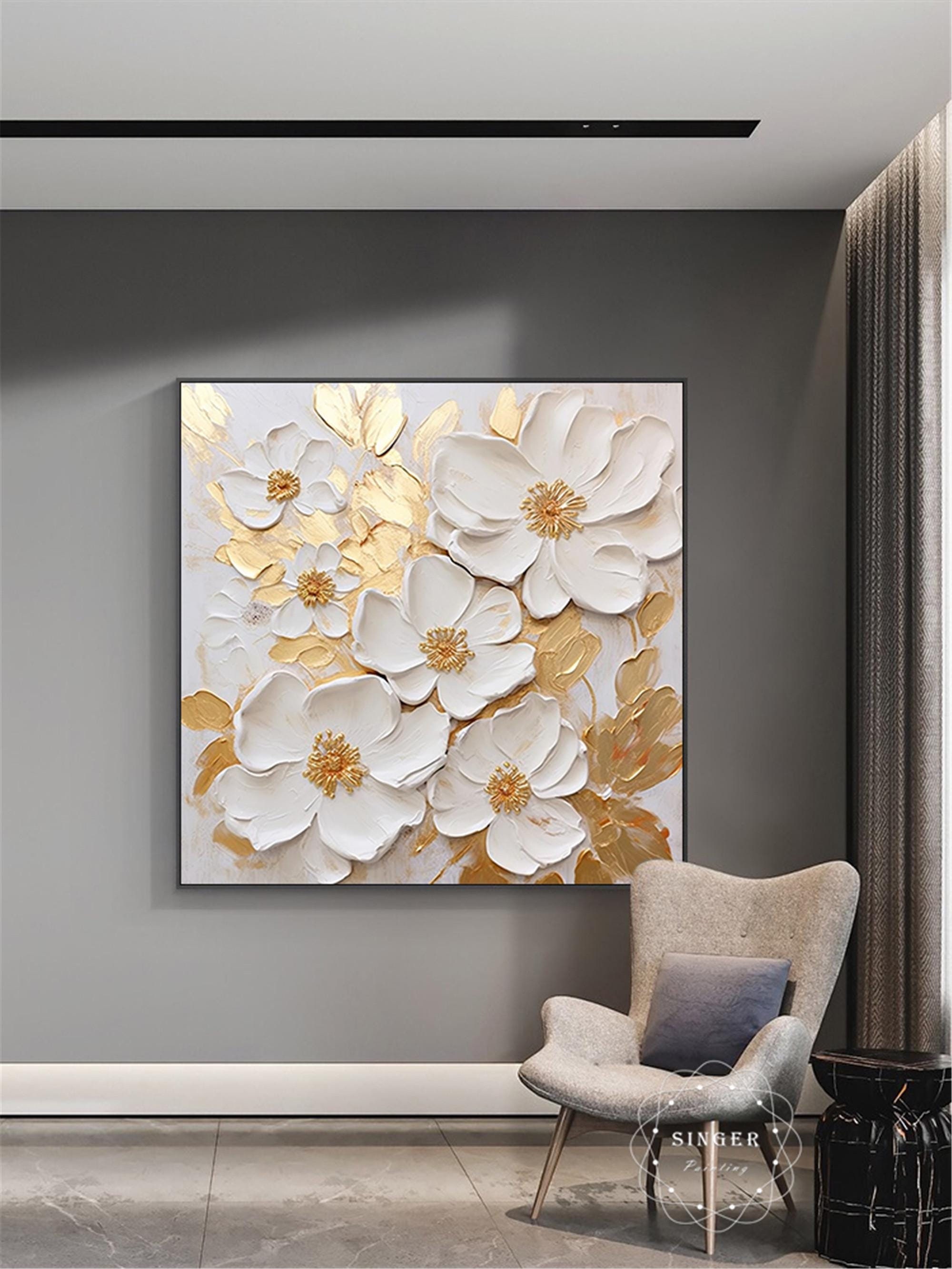 Floral Wall Art Acrylic Painting on Canvas with Textured Finish
