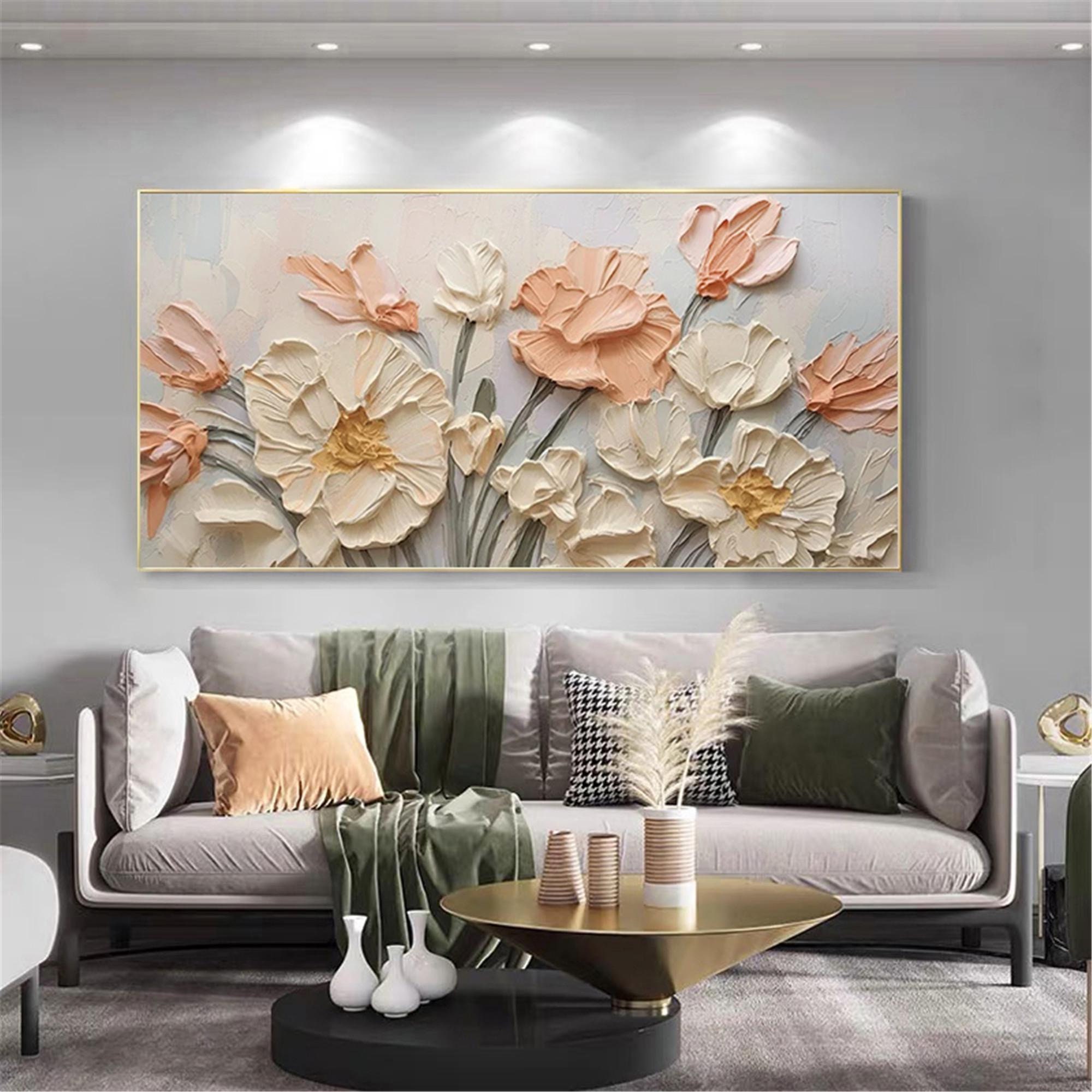 Pink Flower Wall Art Framed Abstract Acrylic Painting for Gift Ideas