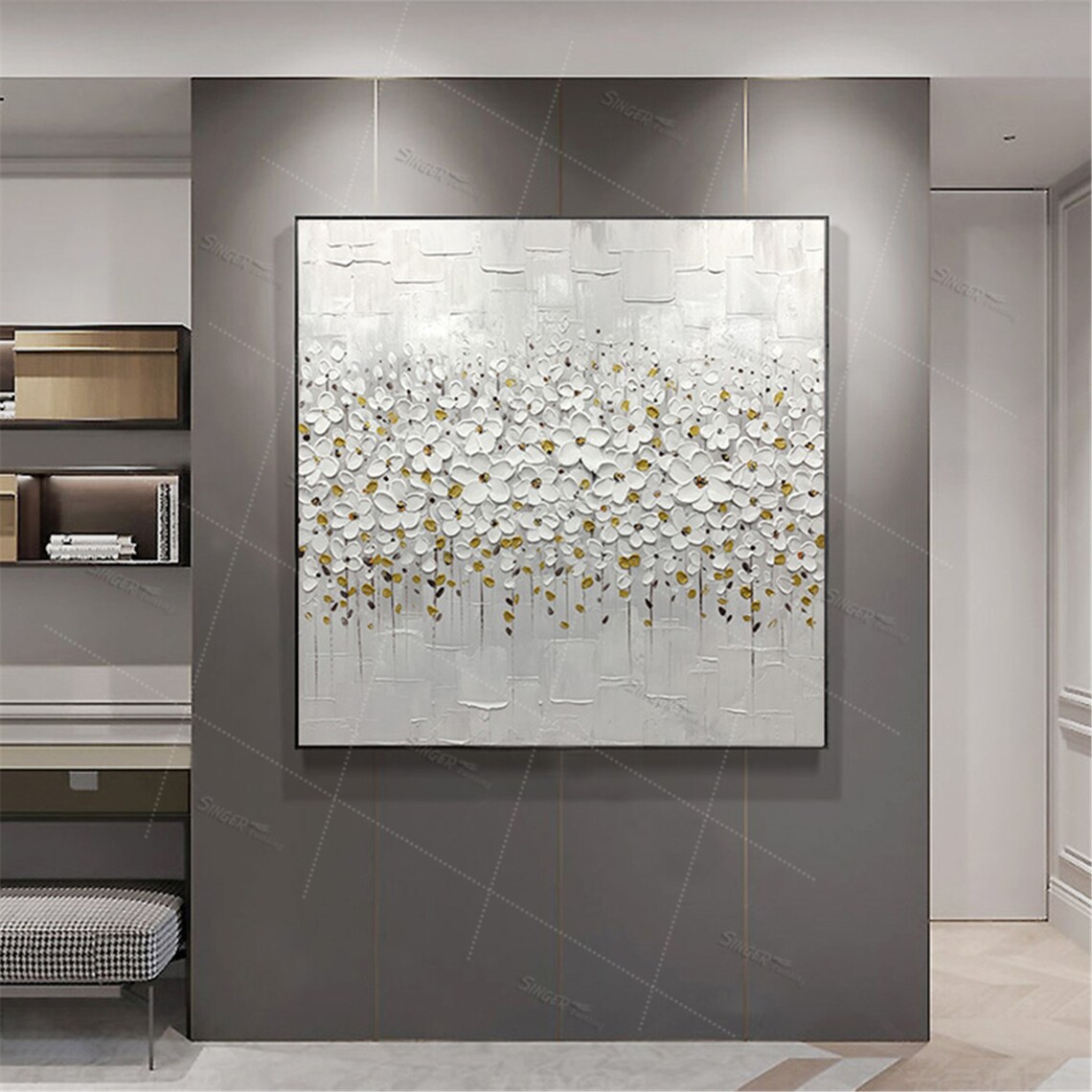 Framed Abstract flower painting white texture canvas wall art Etsy