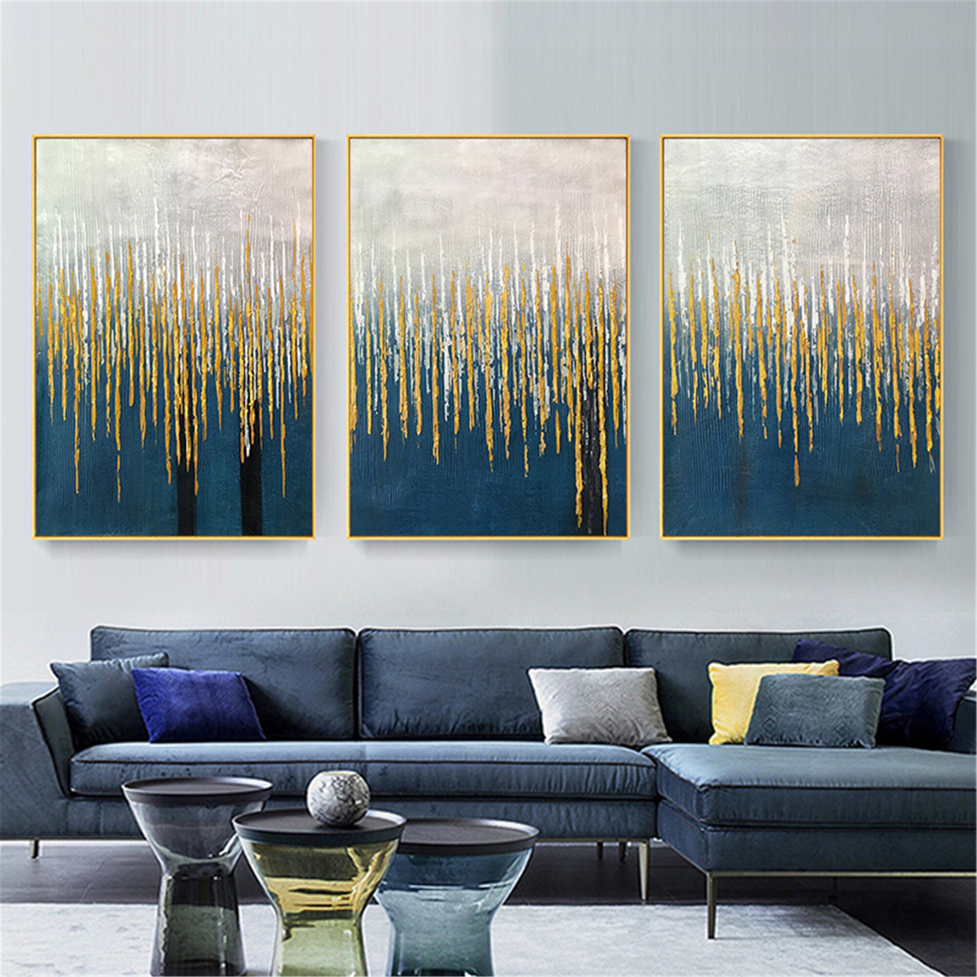3 Pieces Navy Blue Artwork Framed Abstract Painting Canvas Etsy