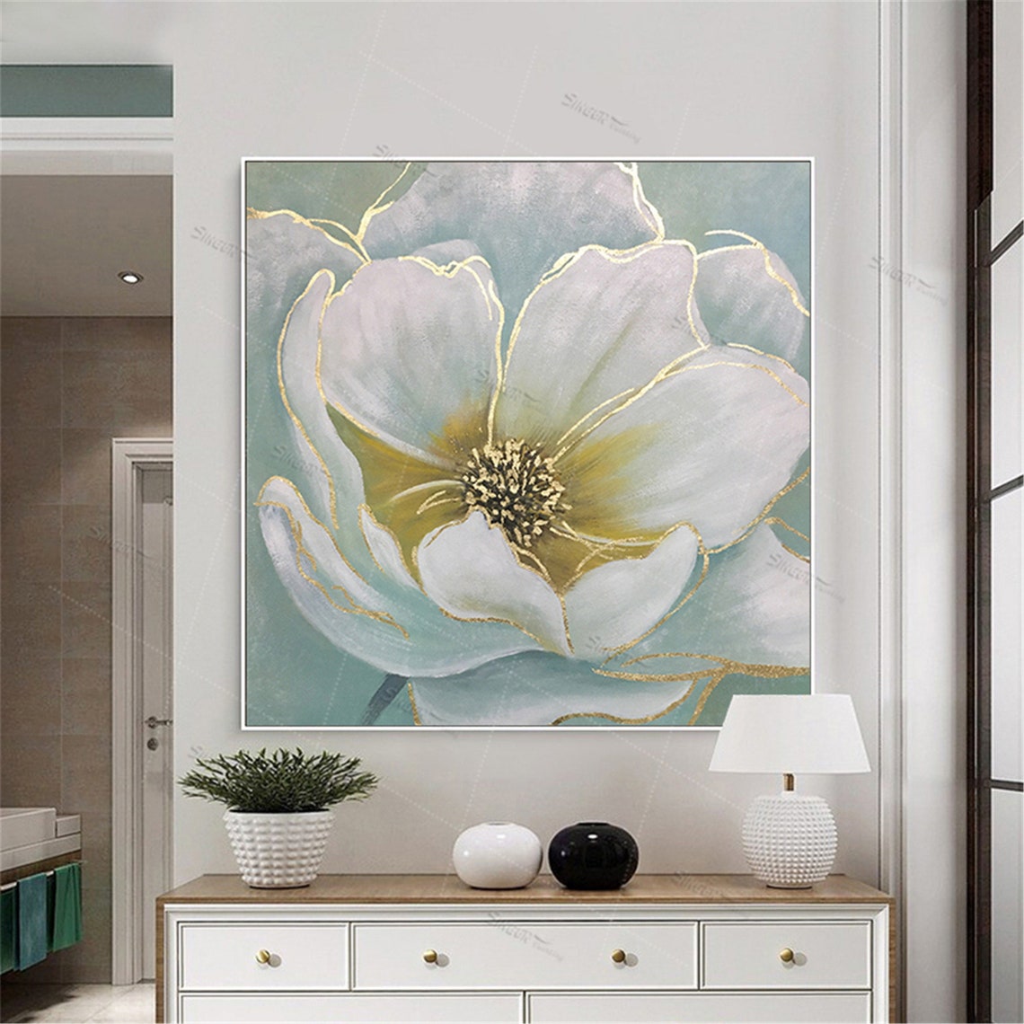 Abstract white flower painting gold leaf canvas wall art for Etsy