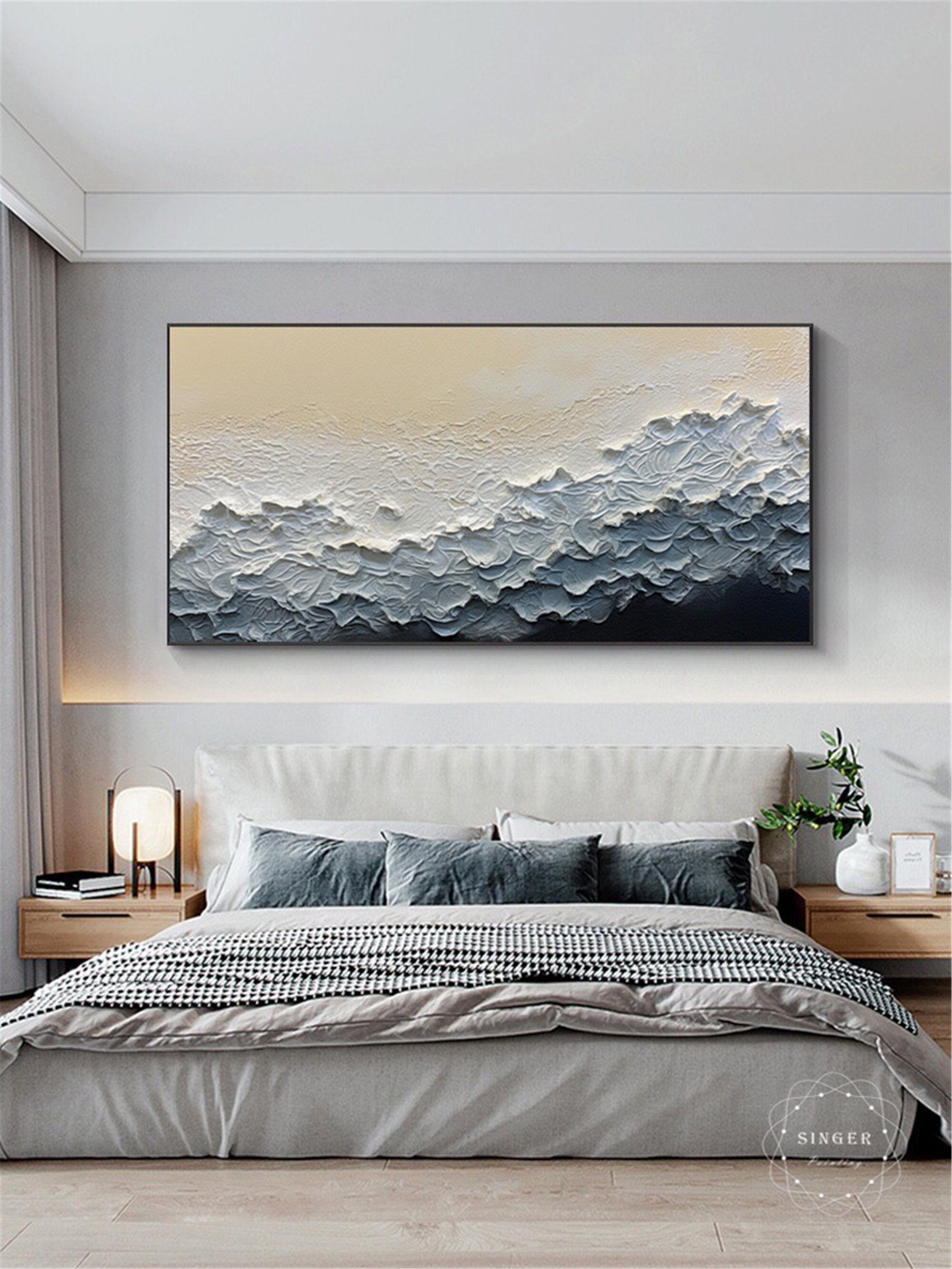 Large Blue Abstract Textured Art for Modern Living Room Wall Decor