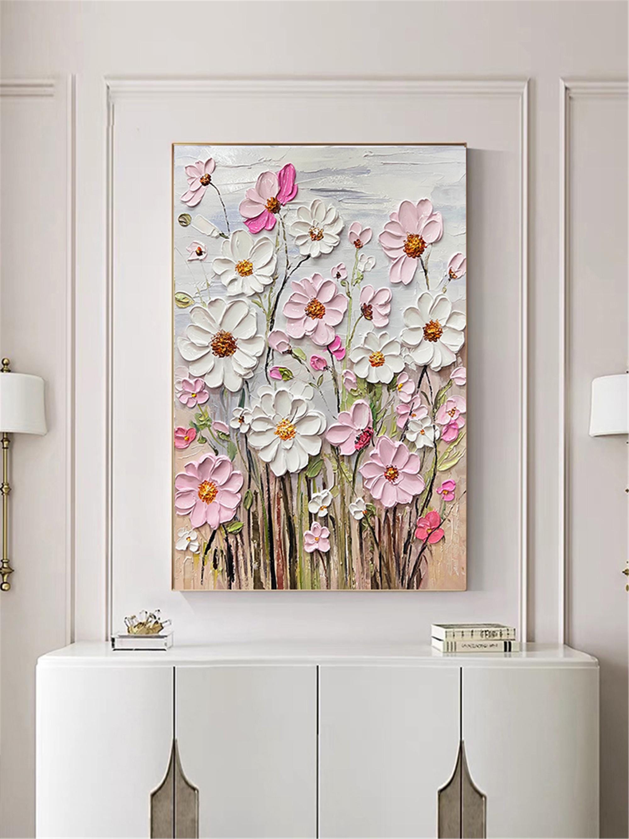 Original Flower Painting on Canvas 3DTextured Floral Wall Art,pink customd painting for Living Room home decor personalized gifts Fancy Art