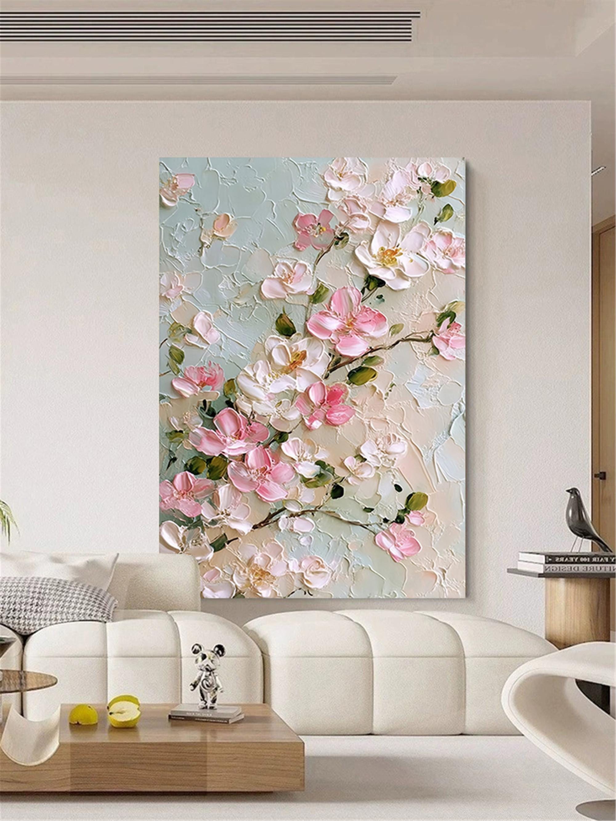 Original Flower Painting on Canvas 3DTextured Floral Wall Art,pink customd painting for Living Room home decor personalized gifts Fancy Art