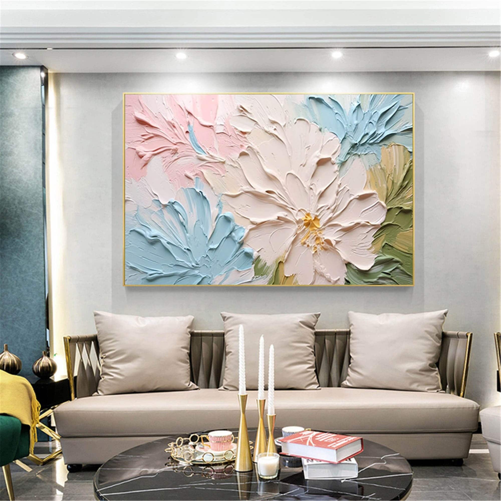 Pink Floral Painting Abstract Acrylic Canvas Art for Wall Display