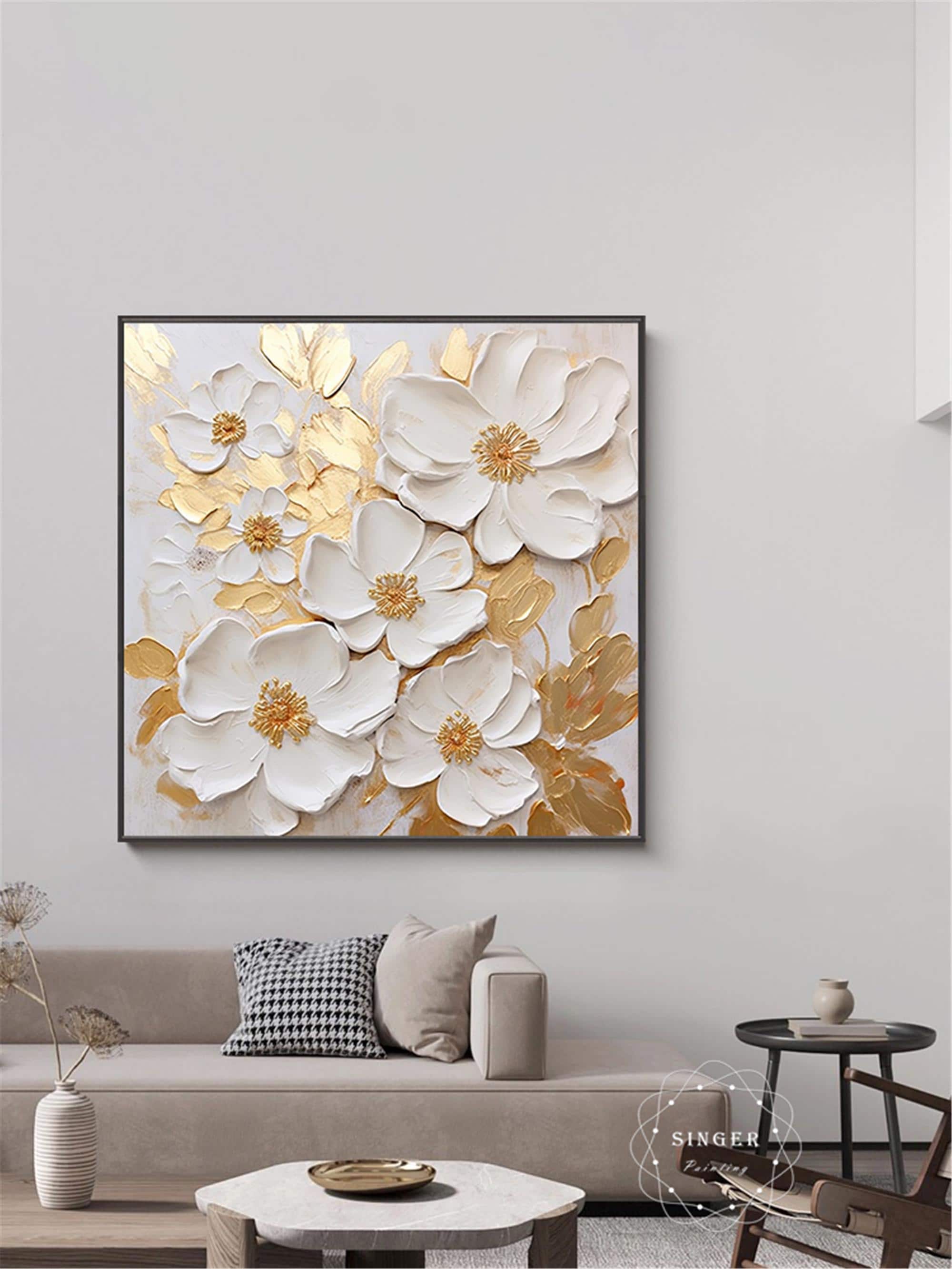 3D Painting On Canvas Original Gold White Blooming Flower Wall Art Textured Living Room Fancy Art Natural Scenery Painting personalized gift